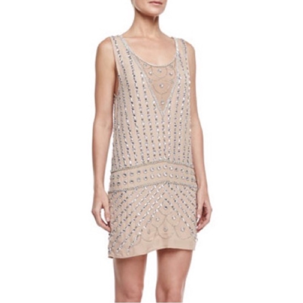 Phoebe Couture Nude Beaded Scoop Neck Mini Dress